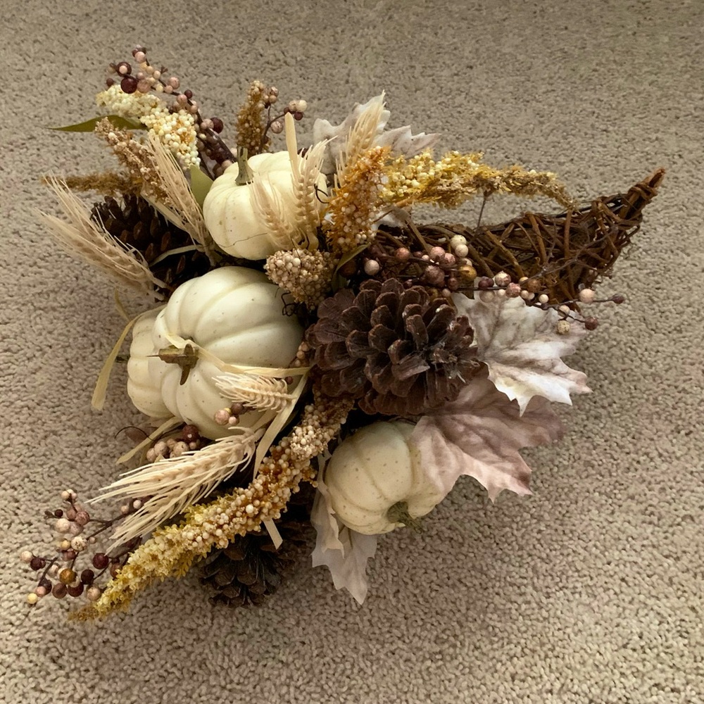 Pumpkin cornucopia neutral fall arrangement